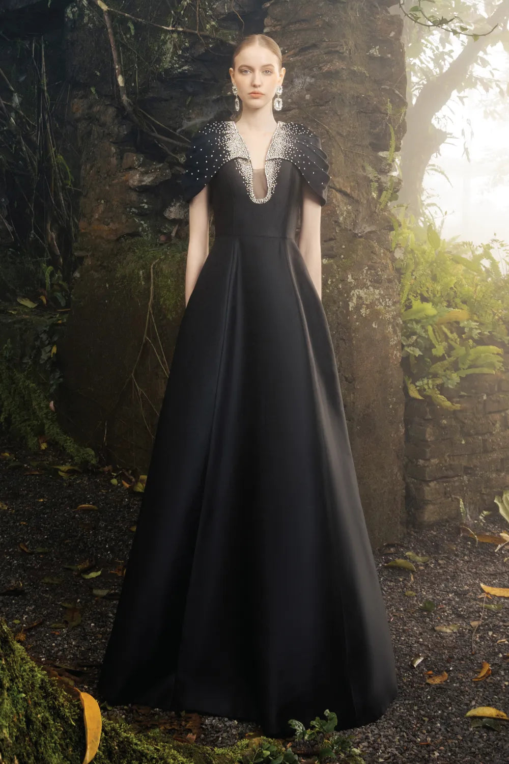 Gathered Cape Shoulder A-Line Dress